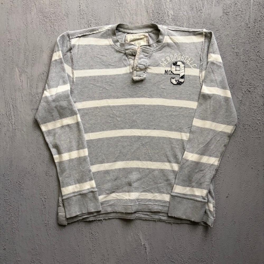 Vintage Aeropostale Thermal Henley Shirt XL Grey 2000s Y2K Striped Waffle Knit